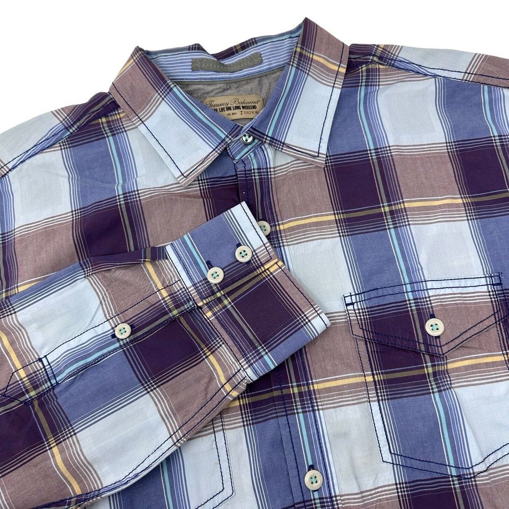 TOMMY BAHAMA Blue Purple Plaid Long Sleeve Button Up Shirt Size Large